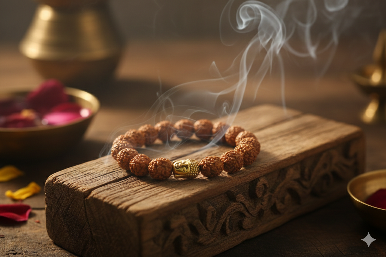 Genuine Premium Rudraksha Bracelet with Golden Buddha Beads - Image 4