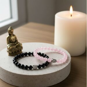 Rose Quartz and Black Onyx Couple Combo Bracelet (Combination of Love and Protection)