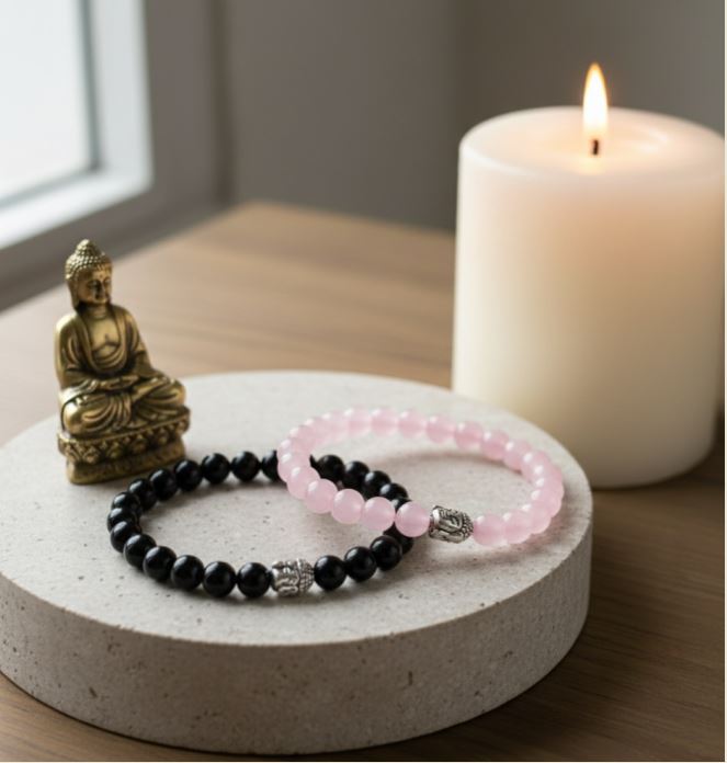 Rose Quartz and Black Onyx Couple Combo Bracelet (Combination of Love and Protection)