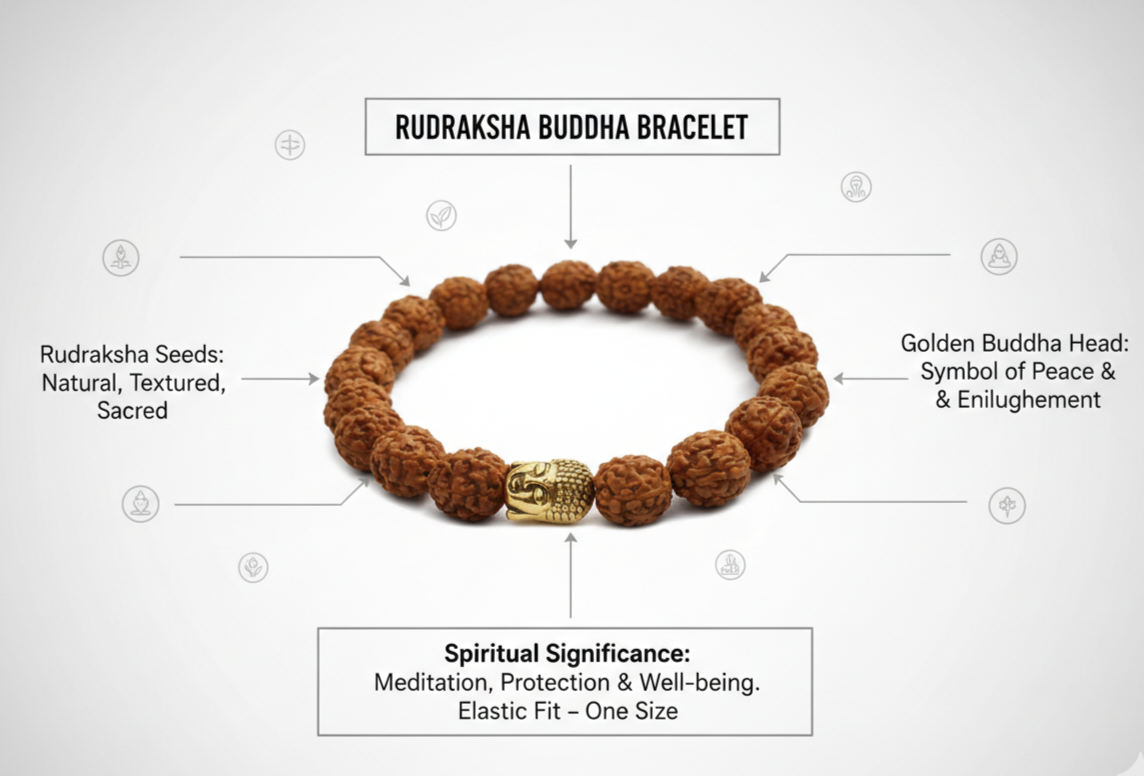 Genuine Premium Rudraksha Bracelet with Golden Buddha Beads - Image 3