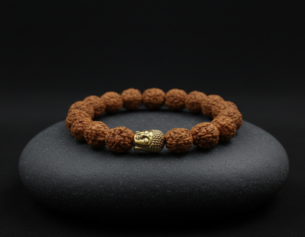 Genuine Premium Rudraksha Bracelet with Golden Buddha Beads - Image 5